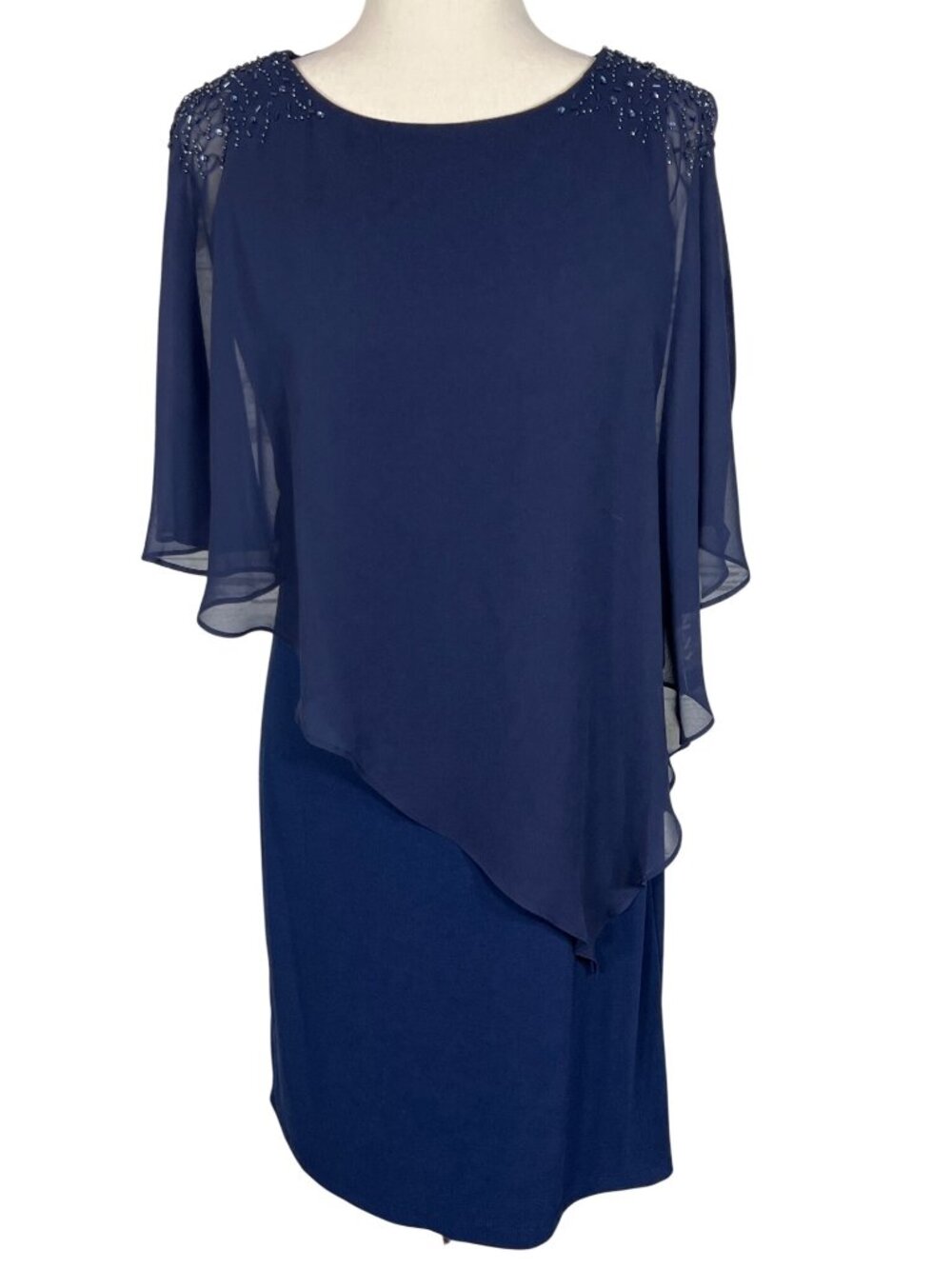 SL FASHIONS Chiffon Overlay Cape Sleeve Dress Navy Sz 6 NWT